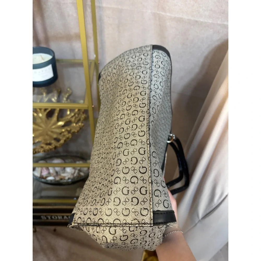 Guess Monogram Satchel Bag Grey Black Logo Print Braided Handle Purse‎
